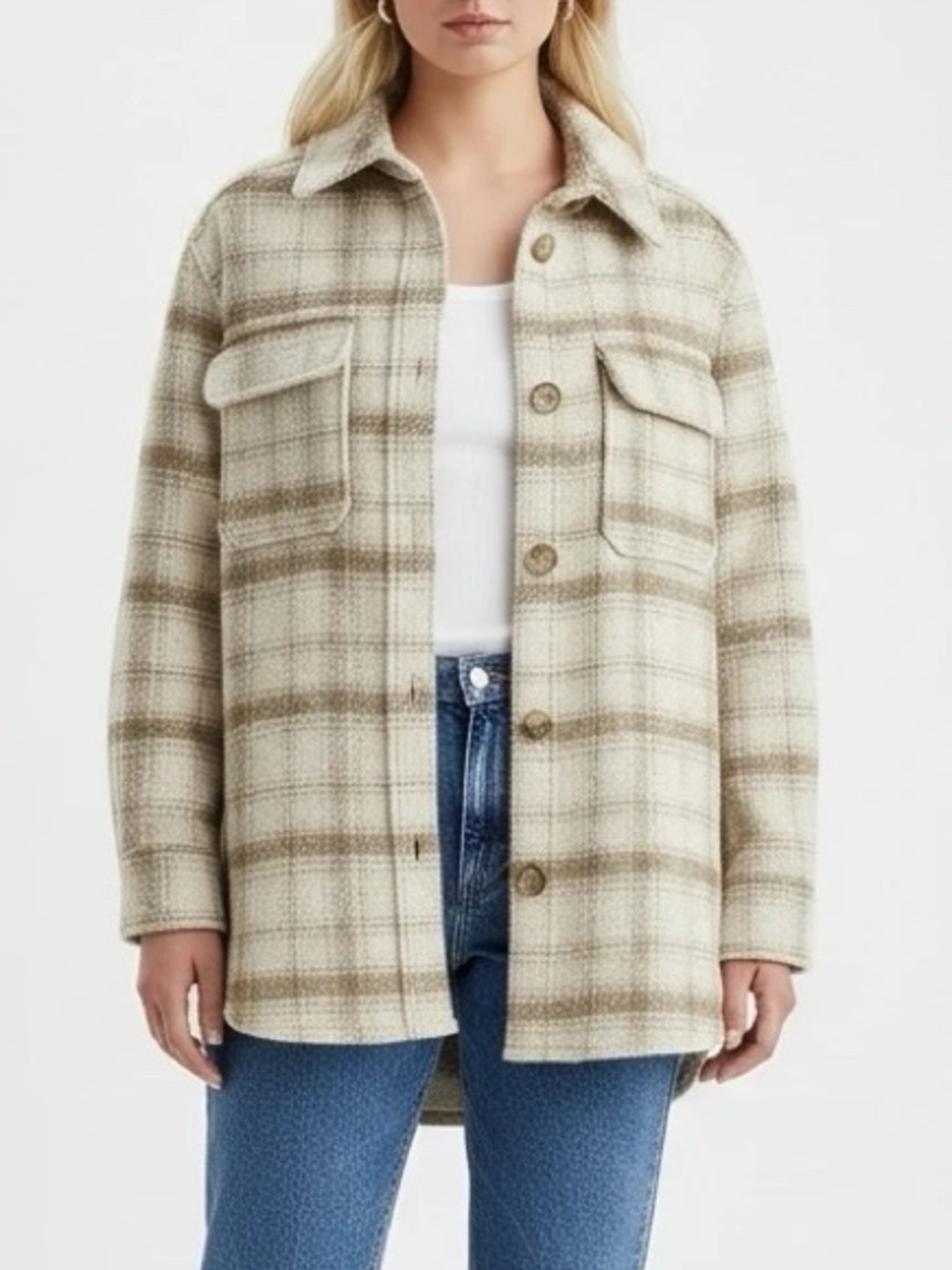 H&M Cream & Tan Plaid Shacket
